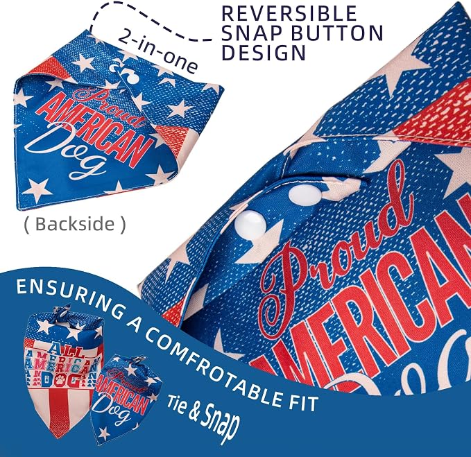 4th of July Dog Bandana, 2-in-1 Vintage American Flag with Fun Slogan Reversible American Flag Triangle Scarf, Adjustable Snap Button Patriotic Neckwear for Giant Breeds 75lbs+