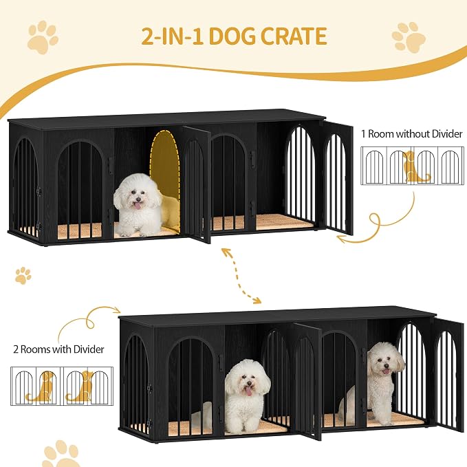 Hzuaneri 63" Double Dog Crate Furniture, Dog Kennel Indoor with Cushion | Heavy Duty Dog Crate Furniture for 2 Dogs,Dog Cage End Table TV Stand with Divider for Med-Large Dogs,Black DFC80904B