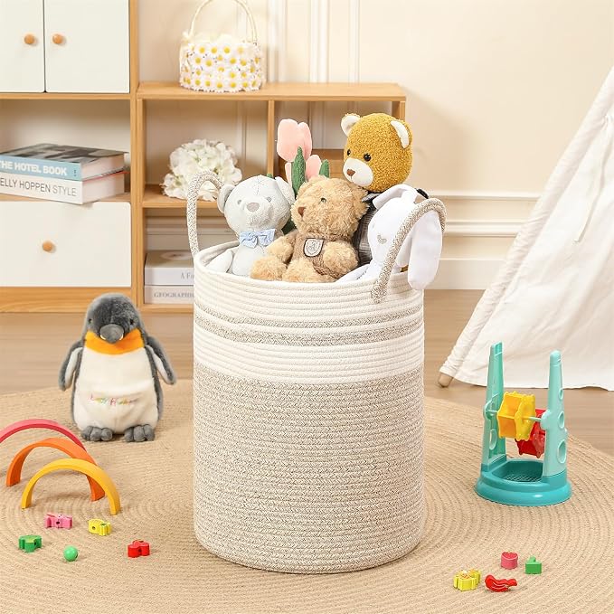 80L Large Woven Laundry Basket Hamper, 100% Natural Cotton Rope, Handwoven & Durable, Storage for Blankets, Toys, Clothes, Nursery Hamper for Living Room, Baby Room, Bedroom (Brown with White)