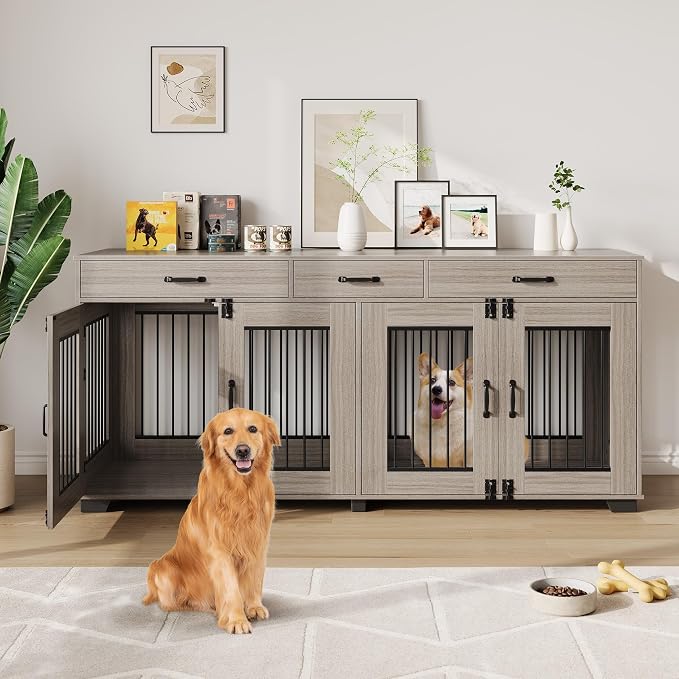 IDEALHOUSE Large Double Dog Crate Furniture with Storage Drawers, Grey | Wooden Dog Kennel with Divider, 3 Drawers, TV Stand, Heavy Duty Dog Bed & Sofa for Medium and Large Dog, 71 Inch Dog Cage