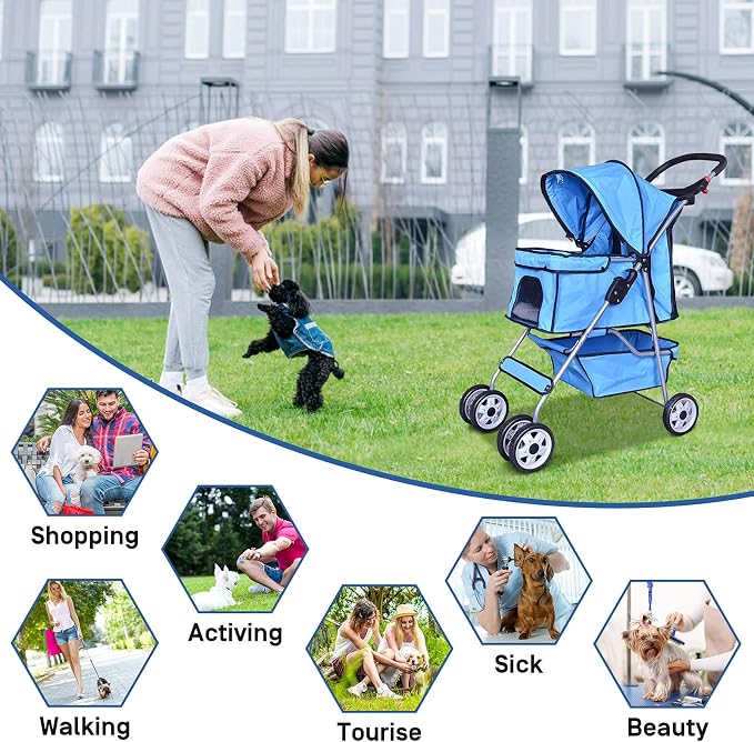 4 Wheels Pet Stroller for Dog and Cat Stroller, Lightweight and Foldable Carrier Strolling Cart W/Cup Holders Removable Liner for Small and Medium Dog Cat - Blue