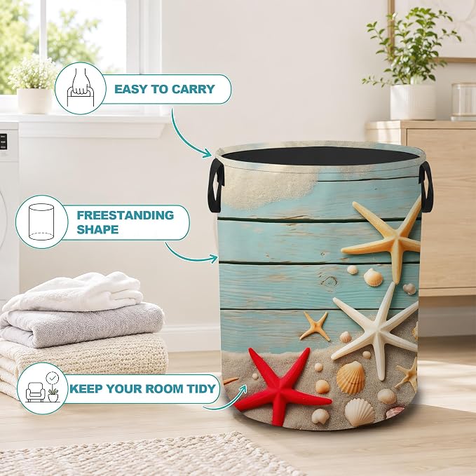 Starfish Seashell Collapsible Laundry Hamper,Blue Coastal Beach Waterproof Oxford Cloth Clothes Basket with Handles for Bathroom Bedroom Nursery Dorm Room,16" x 20"