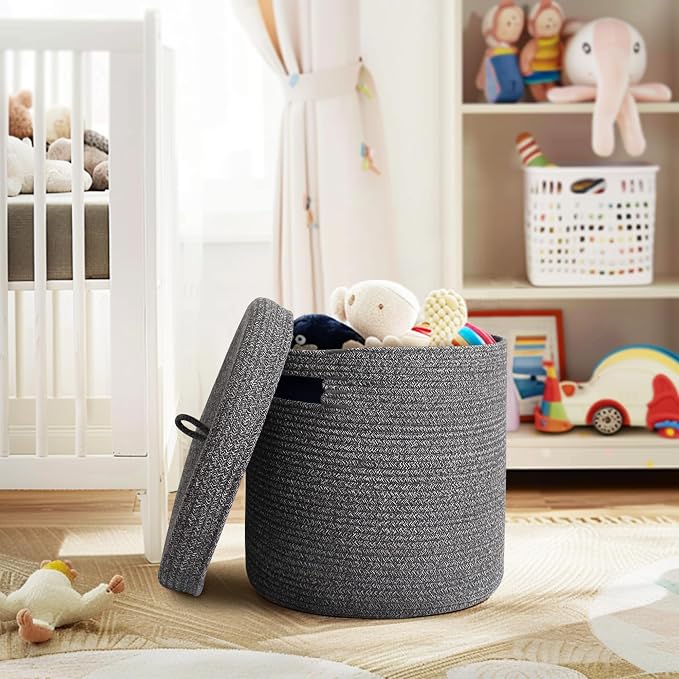 Storage Basket with Lid, Woven Blanket Storage for Living Room, Cute Cotton Rope Bin with Lid, Round Wicker Laundry Basket with Cover, Decorative Kid Dog Toy Box, Nursery Organizer, 15"x13"