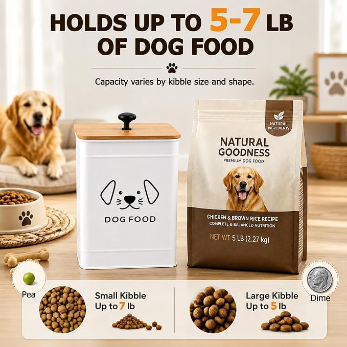 Dog Food Storage Container 25 Cups Airtight Metal Canister with Bamboo Lid | 5-7 lb Capacity, Pet-proof Lid Design, Durable Metal Body, Square Wide Opening, Pet Food Canister Dog Cookie Jar, White