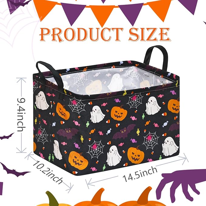 Kids Storage Basket with Halloween Print, 14.5" x 10.2" x 9.4", Waterproof | Foldable Organizer with Leather Handles;Ideal for Halloween Treats,Kids' Gifts,Laundry & Toy Storage;Spooky Holiday Decor