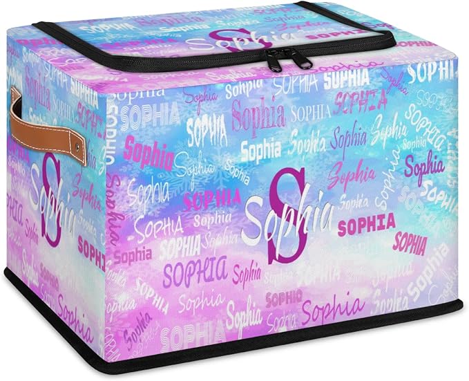 Personalized Name Storage Basket with Zipper Lid, Canvas Storage Bins Toys Clothes Organizer for Bedroom, Kitchen, Bathroom, Nursery, Shelves, Closets, Painted Blue Puple Picture