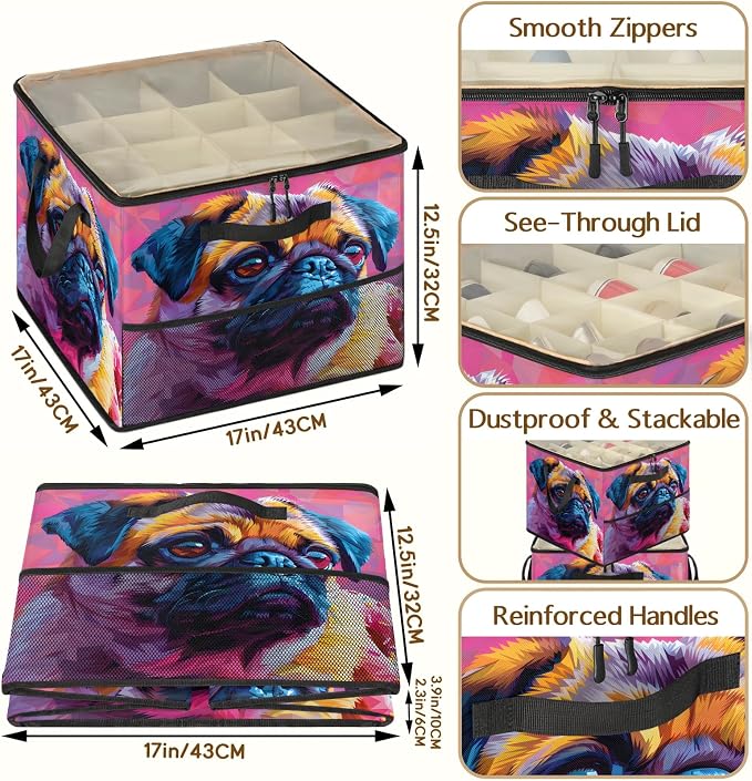 TropicalLife Funny Pug Dog Shoe Organizer for Closet | Foldable Shoe Storage Box Bin 16-32 Pair Shoe Storage for Sneakers, Boots & Heels with Adjustable Dividers, Clear Cover
