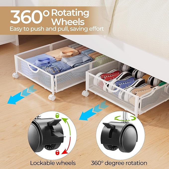 Yecaye Under Bed Storage with Wheels, 2 Pack Under Bed Shoe Storage, White | Sturdy All-Metal Frame, Foldable, 360° Rolling Wheels, Tool-free Assembly, Underbed Storage Drawers for Shoes, Toys, Clothes