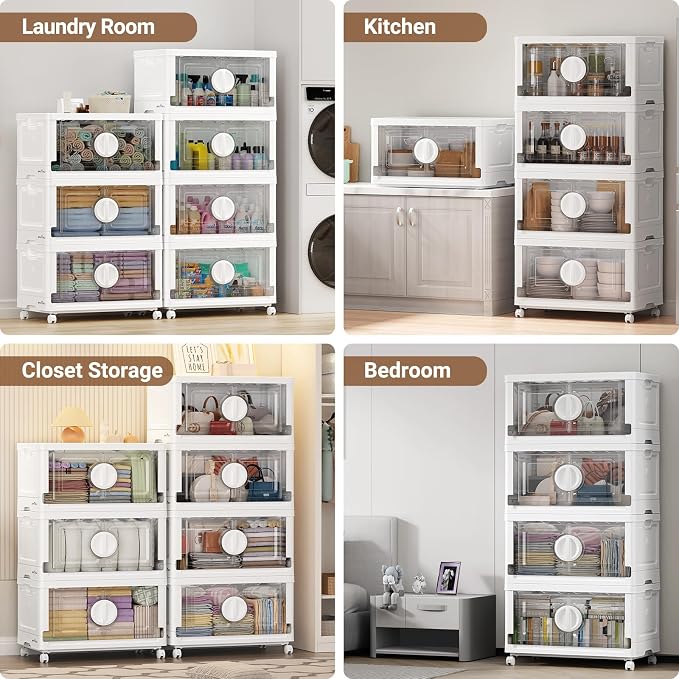 BROVIEW 360Qt Lockable Stackable Storage Bins with Lids, Closet Organizers and Storage Drawer, Collapsible Storage Bin with Wheels, Plastic Cabinet for Toy Clothes Dorm Organizer, V9 3 Pack White