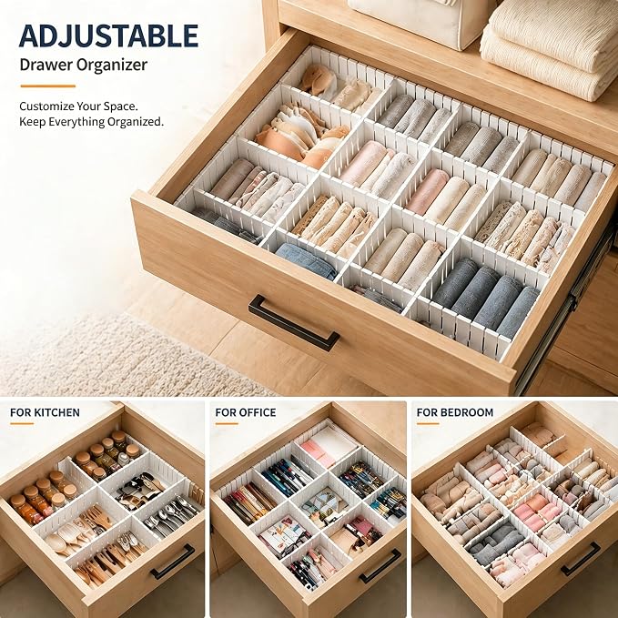 Adjustable Drawer Dividers, Cut-to-Fit DIY Organizers, White,16 Pack | For Tidying Cutlery, Makeup, Clothes and Dresses in Drawers, Desks and Storage Boxes for Kitchen, Bathroom, Bedroom & Office