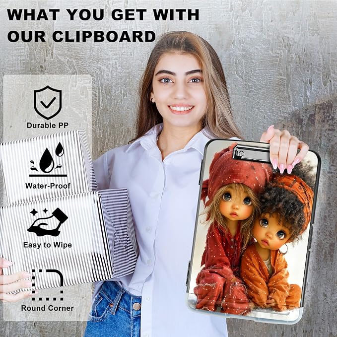 A4 Clipboard with Storage Pen Holder, Clipboards Organizer Nursing Clipboard Foldable File Folder Plastic Clipboard Folio Clip Board for Office Work Classroom Doctor, Two Little Girls