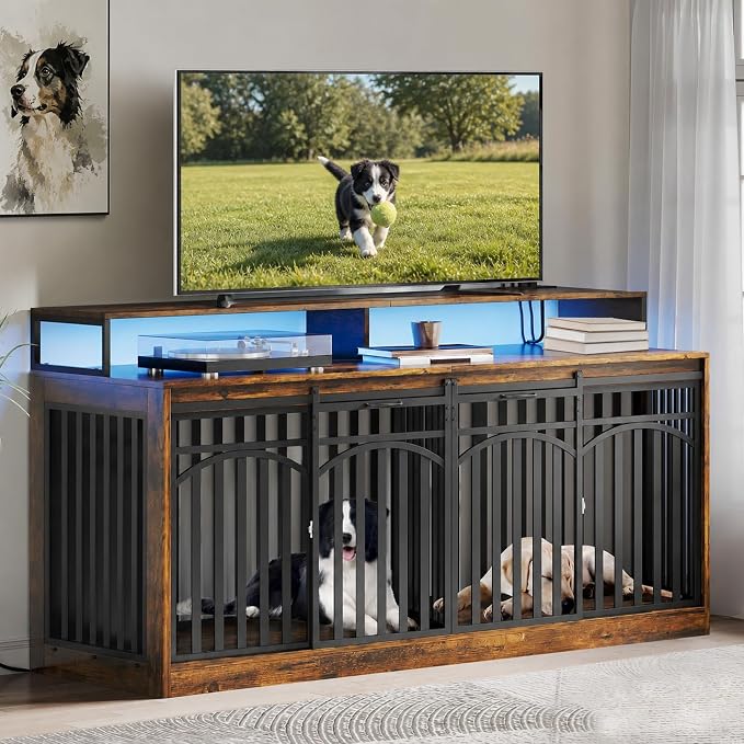 DWVO 71" Double Dog Crate Furniture with Power Outlets & LED Light | Heavy Duty Dog Single/Double Kennel TV Stand with Shelves & Sliding Doors, Wooden Cage Table, Rustic Brown