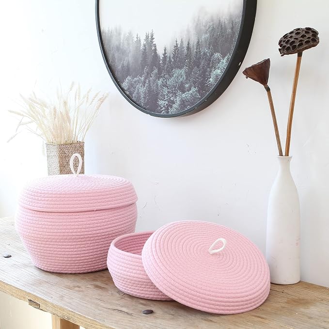Sea Team Round Woven Cotton Rope Storage Basket with Lid, Pink | Lidded Knitted Decorative Storage Bin, Pot, Caddy, Organizer, Container for Snacks, Towels, Plants, 13 x 9 Inches