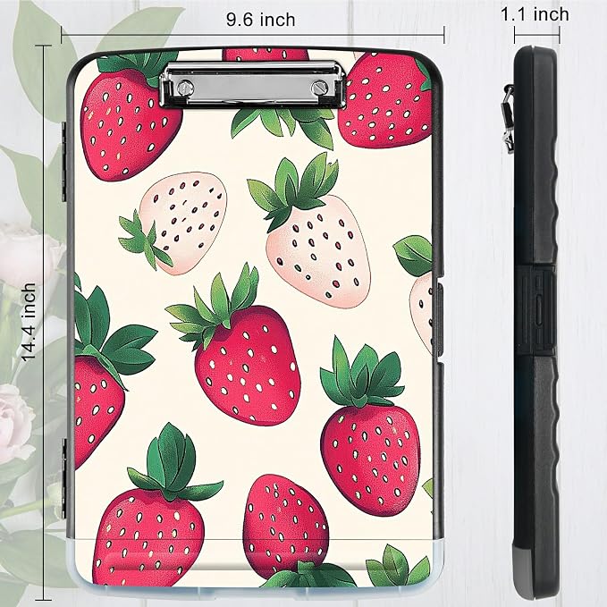 A4 Clipboard with Storage Pen Holder, Clipboards Organizer Nursing Clipboard Foldable File Folder Plastic Clipboard Folio Clip Board for Office Work Classroom Doctor, Pink Strawberry