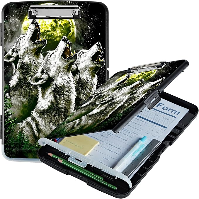 Three Gray Wolves A4 Clipboard with Storage Pen Holder, Clipboards Organizer Nursing Clipboard Foldable File Folder Plastic Clipboard Folio Clip Board for Office Students Classroom Doctor