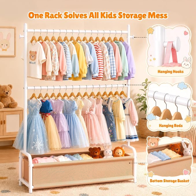 Kids Clothes Rack with Double Rod Height Adjustable Clothing Rack White | Storage Basket & Hooks, Height Adjustable Kids Clothes Rack, Portable Baby Dress Up Garment Rack for Princess Dresses