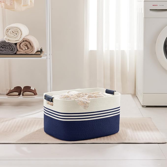 45L Small Woven Laundry Basket Hamper with Leather Handles,Navy | collapsible wicker hamper, storage for dirty clothes, toys, blankets, gifts, living room, bedroom, bathroom, 18"x14"x11"