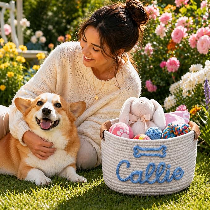 JUPPE Pet Dog Basket with Personalized Name, Dog Toys Storage Organizer Custom Cotton Rope Basket Nursery Decor (Dog Toy Basket)