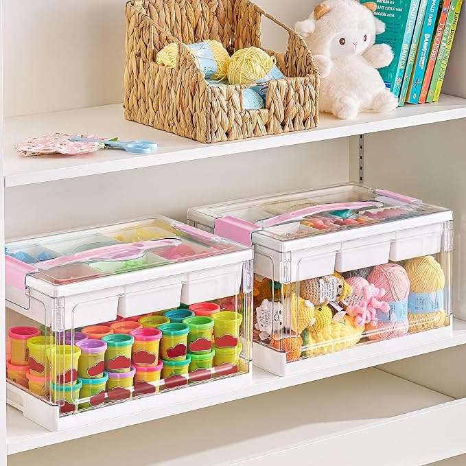 Vtopmart 24 QT Pink Clear Craft Organizer with Tray & Dividers, 1 Pack | Storage Box for Coloring Books, Modeling Clay, Molds and Art Supplies, Removable Tray for Craft Supplies Organization