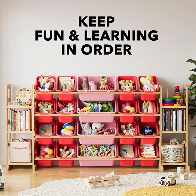 SpaceAid Toy Storage Organizer with 6 Shelves and 20 Bins, Toy Organizers Storage Bookshelf, Kids Bin Shelf Toys Box Bookcase for Bedroom Playroom Organization Room Decor, Red and Pink