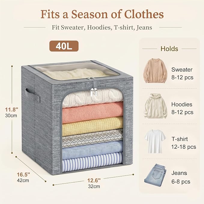 GoMaihe Clothes Storage Bins with Metal Frame for Closet, 40L 6-Pack Grey | Sweaters Hoodies Jeans T-Shirt, Closet Top Shelf Organizer, Steel Frame Collapse-Proof, Stackable, Clear Window, Dual Access
