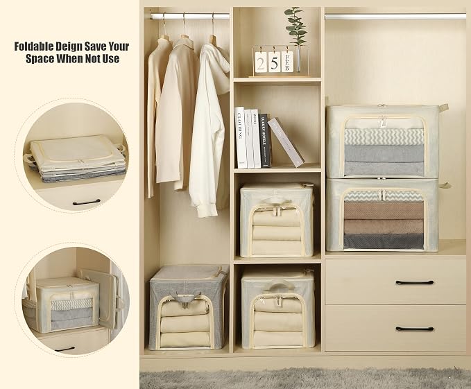 3 Openings Large Clothes Storage Bins with Metal Frame, Foldable Storage Bin for Clothes,Clothing Storage Bins with Lid, Linen Storage Box With Clear Window＆ Zippers＆ Durable Handles.(3 Pcs,Beige,66L)