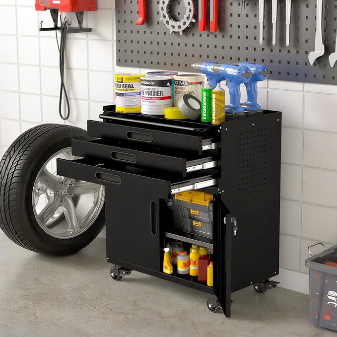 Garage Storage Cabinet, Metal Rolling Tool Cabinet with 2 Pegboard and 10 Hook, Heavy Duty Mechanics Tool Chest Storage for Workshop, Basement, Warehouse, Include Workbench Liner, Black