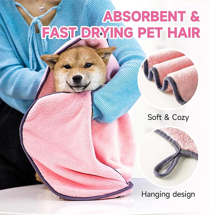 Dog Towels for Drying Dogs Small Medium Large, 2 Pack Dog Cat Drying Bath Towel 30.3"x13.8" with Hand Pocket,Absorbent Pet Towel for Dog Cat Pink