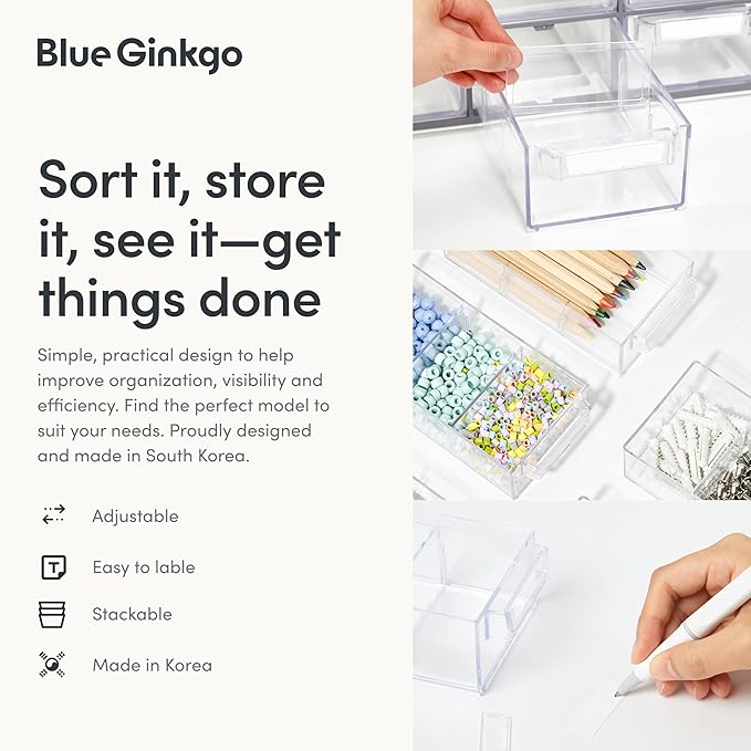 Blue Ginkgo 16-Drawer Storage Cabinet Organizer, Blue, Made in Korea | Stackable. Adjustable. Easy Visibility.