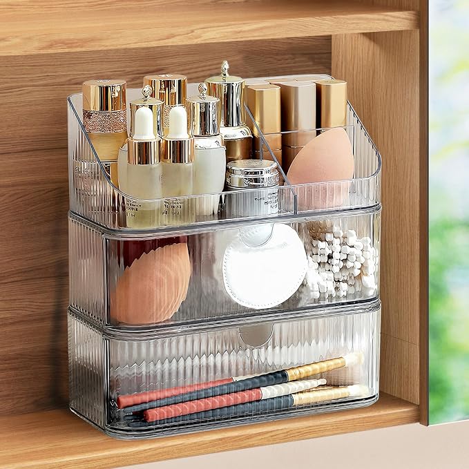 Medicine Cabinet Organizer 3 Tier, Stackable Bathroom Makeup Organizers | Small Bathroom Mirror Cabinet Storage with 2 Drawer and 1 Tray for Wall Cabinet，Closet，Vanity, Countertop, Clear
