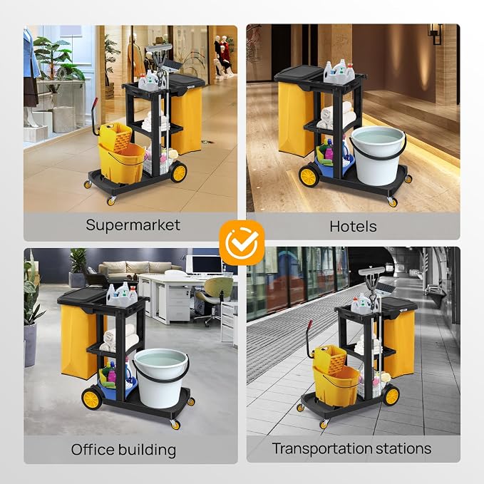 TUFFIOM Commercial Traditional Cleaning 3-Shelf Janitorial Cart, 500 Lbs Capacity Housekeeping Cart, Wheeled with Yellow VinylBag and Cover w Lid, Black,