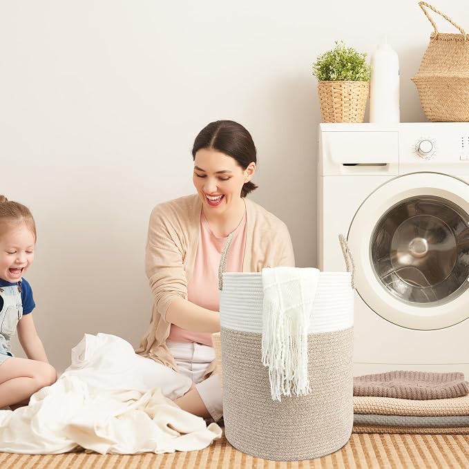 Woven Cotton Rope Laundry Basket, 15x20 Laundry Hamper, White/Brown | Rope storage basket for dirty clothes, toys and blankets. Perfect for bathroom, baby nursery and living room storage.