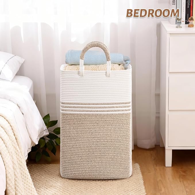 Laundry Basket Hamper,Blanket Storage,Dirty Clothes Hamper with Swivel Handles,Woven Cotton Rope Toy Baskets,Blanket Basket Living Room,Decorative Hampers for Nursery,Bedroom,White & Linen,100L
