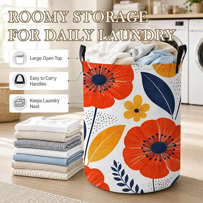 Moon Stars Laundry Hamper, Floral Leaves Laundry Baskets, Waterproof Oxford Cloth for Room/Bathroom/Bedroom/Dormitories 16x20.8 Inch