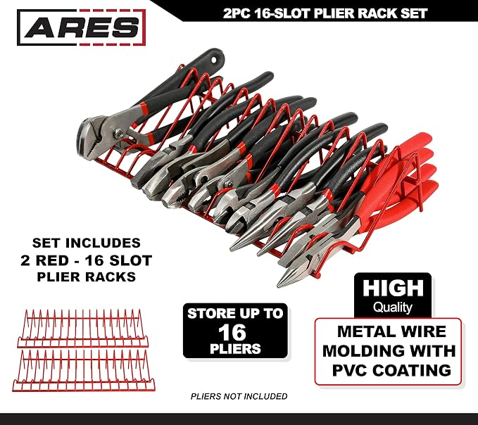 ARES 62005 2-Pc Red 16-Slot Plier Rack Set - Tool Drawer Organizer | 3/4-In Slots Fit Most Pliers; PVC Coating Prevents Slippage