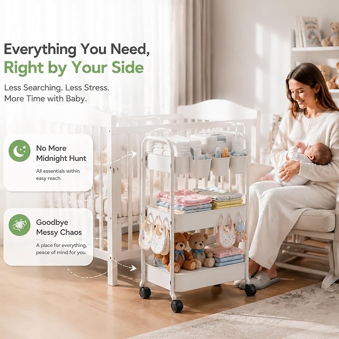 3 Tier Rolling Cart Metal with Wheels, Heavy Duty White Three Tiered Craft Cart Organizer on Wheels, Utility Roller Storage Carts for Art, Baby Nursery, Diaper Caddy, Snack,Book,Nail,Cleaning Supplies