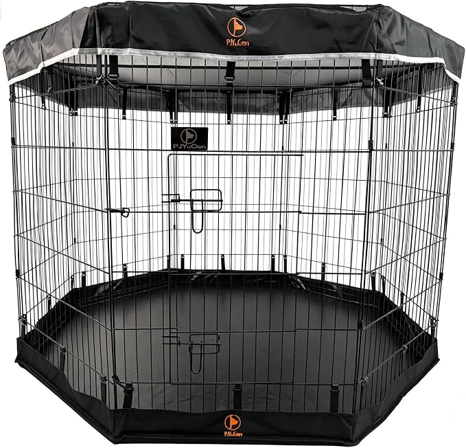 PJYuCien Puppy Playpen with Top Cover & Bottom Pad, 8 Panels 42" H, Black | 24"W, Large Pet Safe Sanctuary, Foldable Octagonal Pen, Versatile, Indoor & Outdoor, Backyard Pasture, Protects Floors