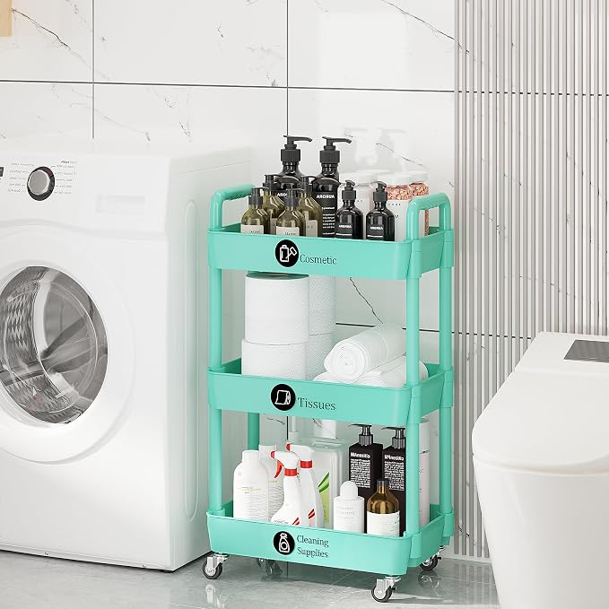 Laiensia 3-Tier Rolling Cart with Wheels,Multifunction Utility Storage Carts, Kitchen Storage Organizer,Mobile Shelving Unit for Bathroom,Laundry,with Classified Stickers,Green
