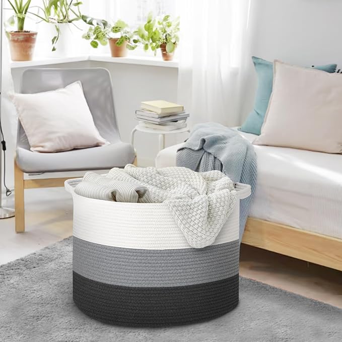 MEGASKET Extra Large Cotton Rope Basket, 22” X 22” X 14” Blanket Storage for Living Room, Soft Kids Dog Toy Bin Box, Woven Round Baskets for Organizing, Big XXL Blanket Pillow Holder Organizer