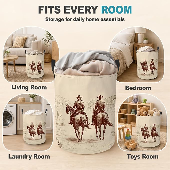 Western Cowboy Dirty Clothes Hamper,Foldable Laundry Basket with Handles,Desert Horse Waterproof Oxford Cloth Storage Bin for Bedroom Bathroom Nursery,16 x 20 Inch