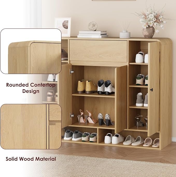 Garvee Shoe Cabinet with 4 Doors and 1 Drawer, Freestanding Wood Shoe Storage Organizer with Open Bottom Shelf, Modern Entryway Shoe Cabinet for Hallway, Foyer, Natural Oak