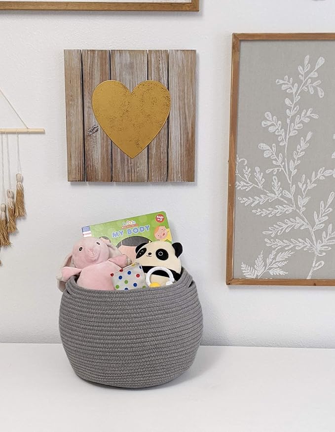 Goodpick Round Woven Rope Storage Basket for Shelves, 10" x 8.3", Grey | Decotative Small Basket for Toy Storage, Baby Gift Basket with Handles, Fits Bedroom & Nursery Décor, Plant Baskets