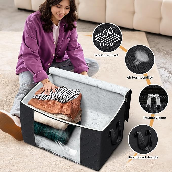 90L Clothes Storage, Foldable Thick Fabric Blanket Storage Bags | Foldable Containers with Zippers,Window and Handles for Organizing Bedroom, Closet, Comforter, Bedding,Dorm essentials
