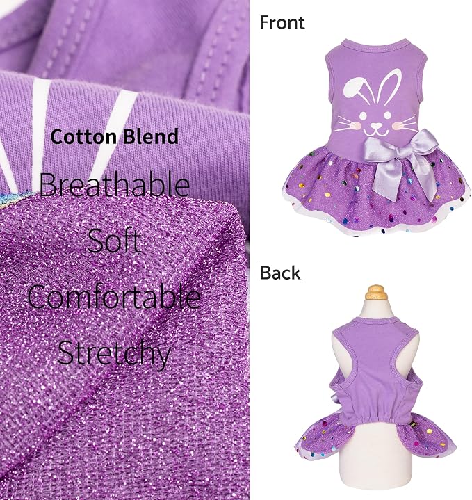 Fitwarm Easter Bunny Dog Dress, Holiday Dog Clothes for Small Dogs Girl, Pet Easter Outfit, Purple, White, XS