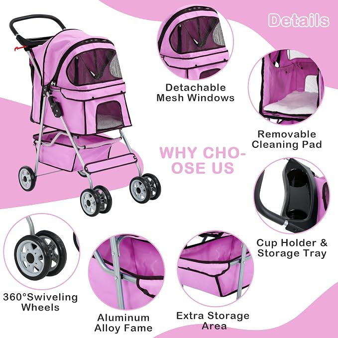Pet Stroller,4 Wheels Dog Stroller with Storage Basket,Compact Portable Folding Carrier for Travel,Camping,Dog Carrier for Small Medium Dogs Or Cats,Lightweight Waterproof Pet Stroller,Pink
