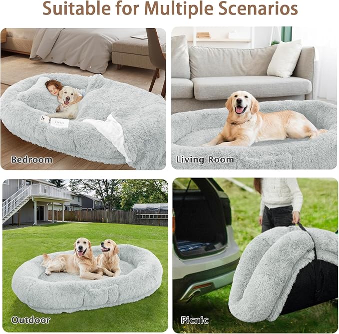 ROOMTEC Human Dog Bed, 78''x51''x12'' Size Fits Adult and Pet Washable Giant People Bed 10 CM Thick Memory Foam Large Oversize Pet Bed with Plump Pillow, Blanket, Strap - Grey