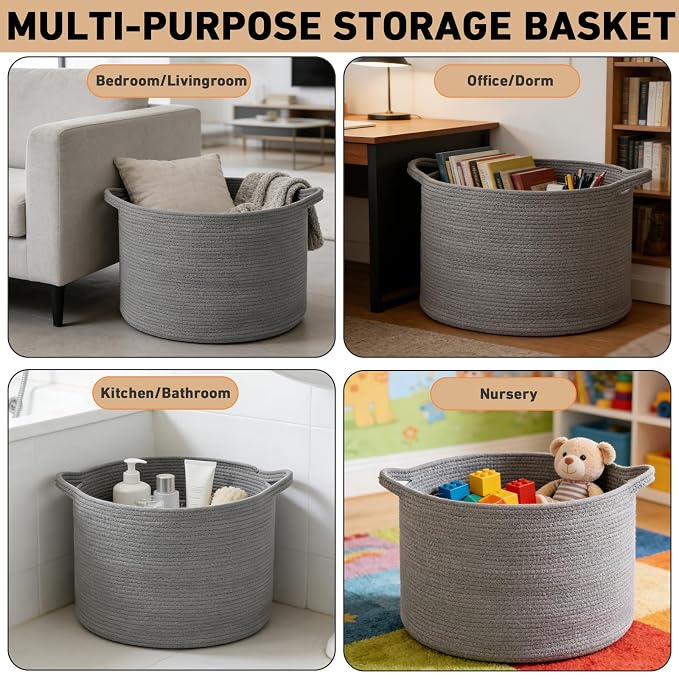 65L Large Blanket Basket,Woven Rope Laundry Basket-Dark Grey | Collapsible, reinforced handles, nursery storage bin organizes clothes, toys and pillows for living room, bedroom bathroom.