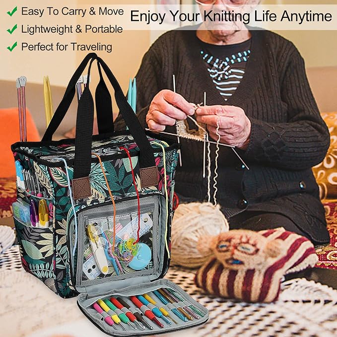 Coopay Crochet Bag w/Shoulder Strap, Yarn Bag Knitting Tote Bag-Forest | Portable Traveling Crochet for Crocheter, Large Capacity Storage Crochet Supplies Yarn Organizers Unfinished Project