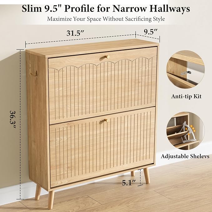 Arch-Chic Shoe Cabinet for Entryway, Modern Mid-Century Shoe Storage Cabinet with Fluted, Narrow Shoe Rack for Entryway with Adjustable Shelves & Tipping Protection,Light Oak