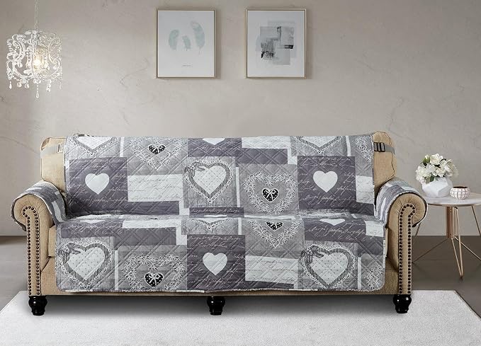 Brilliant Sunshine Grey Heart Love Patchwork Couch Cover, 70" seat | Quilted Sofa Cover, Living Room & Bedroom Furniture Protector, Large Washable Slipcover for Pets, Dogs & Cats
